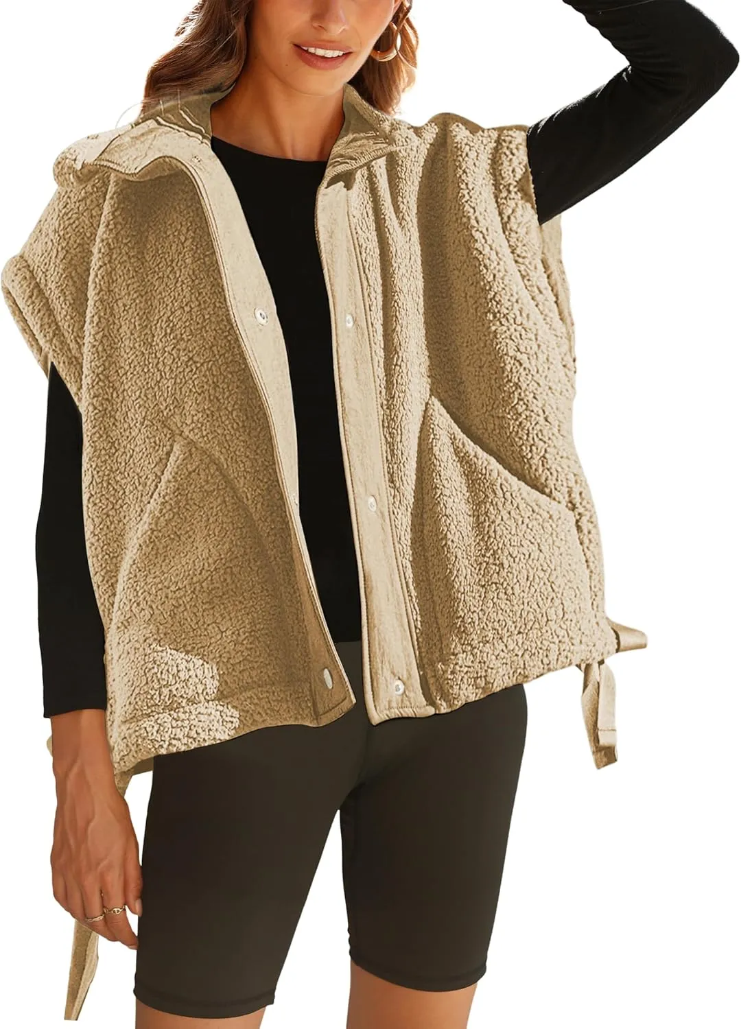 Sherpa Jacket for Women Casual Fleece Vest Oversized Sleeveless Outwear Warm Button Down Gilet with Pockets