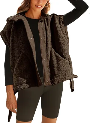 Sherpa Jacket for Women Casual Fleece Vest Oversized Sleeveless Outwear Warm Button Down Gilet with Pockets