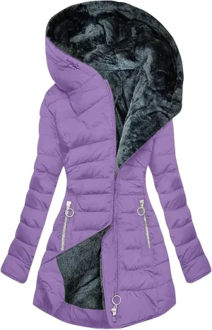 Sherpa Lined Hoodie Women, Solid Zip Up Warm Puffer Overcoats Thick Long Sleeve Outerwear Casual Warm Down Jacket