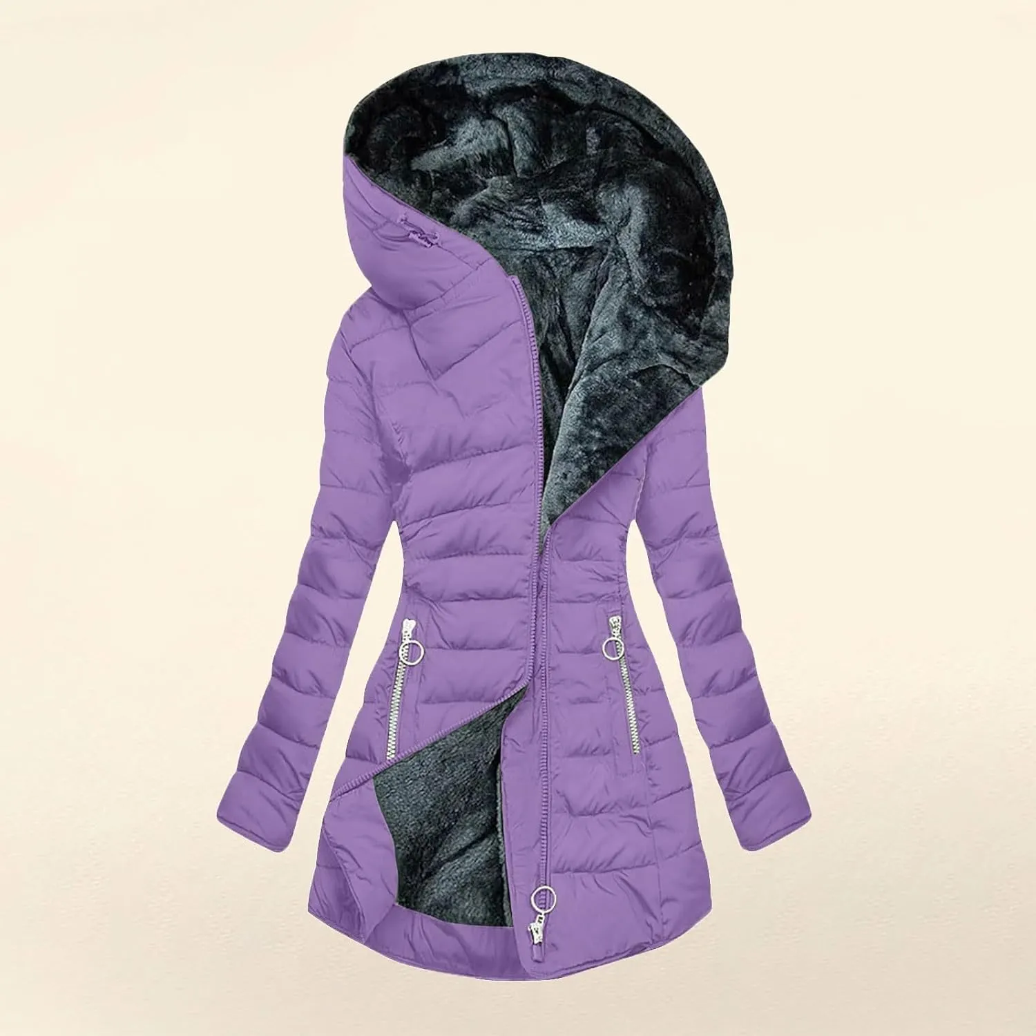 Sherpa Lined Hoodie Women, Solid Zip Up Warm Puffer Overcoats Thick Long Sleeve Outerwear Casual Warm Down Jacket