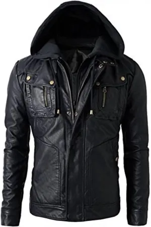 SID Military Grade Men's Motorcycle Brando Style Biker Real Leather Hoodie Jacket - Detachable Hood