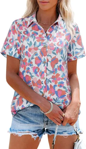 siliteelon Womens Button Down Shirts Short Sleeve Summer Linen V Neck Collared Hawaiian Floral Print Casual Blouse Tops