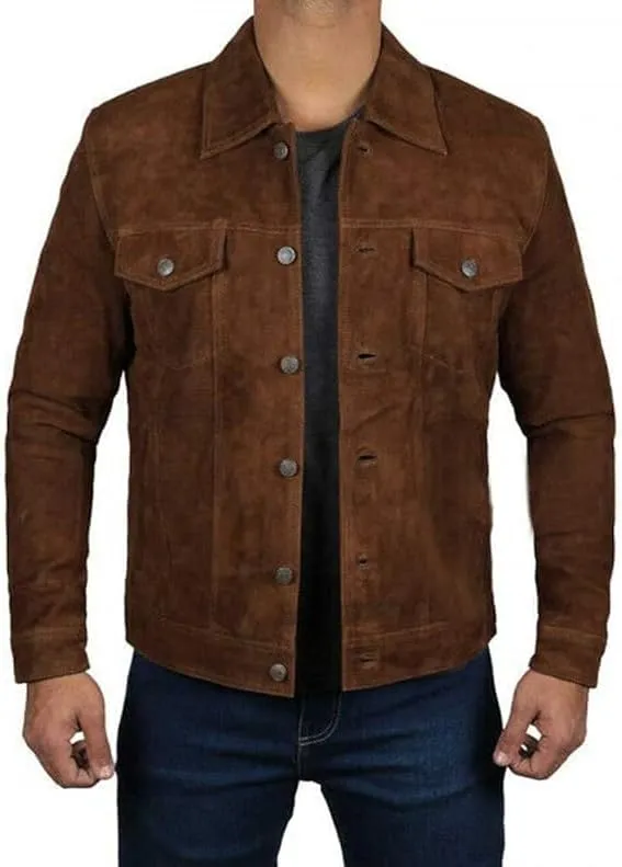 SpazeUp Mens Logan Trucker Jacket Brown Suede Leather Western Cowboy Coat - Premium Suede Leather Casual Outerwear