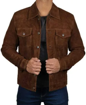 SpazeUp Mens Logan Trucker Jacket Brown Suede Leather Western Cowboy Coat - Premium Suede Leather Casual Outerwear