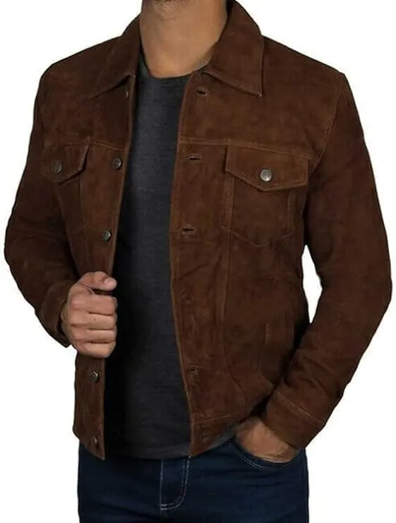 SpazeUp Mens Logan Trucker Jacket Brown Suede Leather Western Cowboy Coat - Premium Suede Leather Casual Outerwear