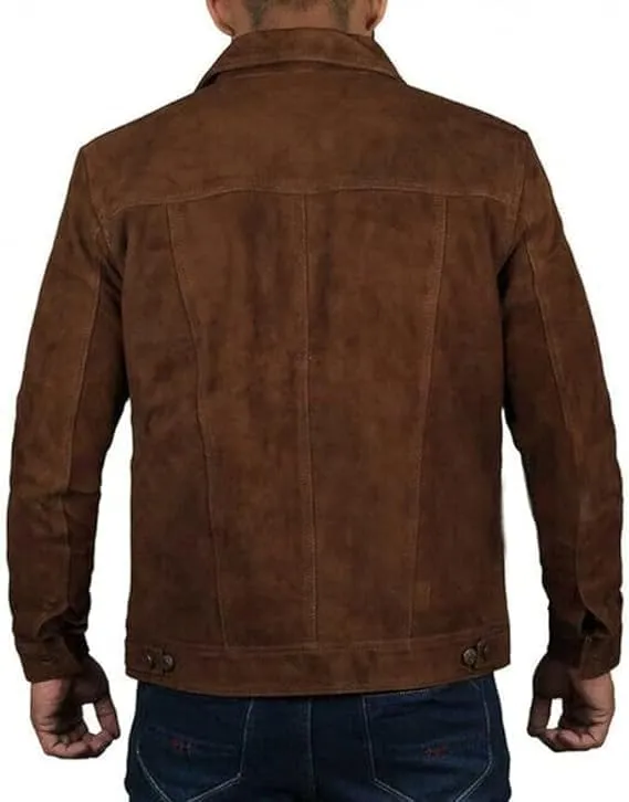SpazeUp Mens Logan Trucker Jacket Brown Suede Leather Western Cowboy Coat - Premium Suede Leather Casual Outerwear