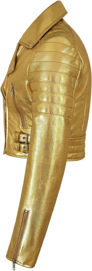 SpazeUp Women's Cropper Leather Brando Jacket Real Metallic Leather Short Body Ladies Biker Asymmetrical Leather Jacket
