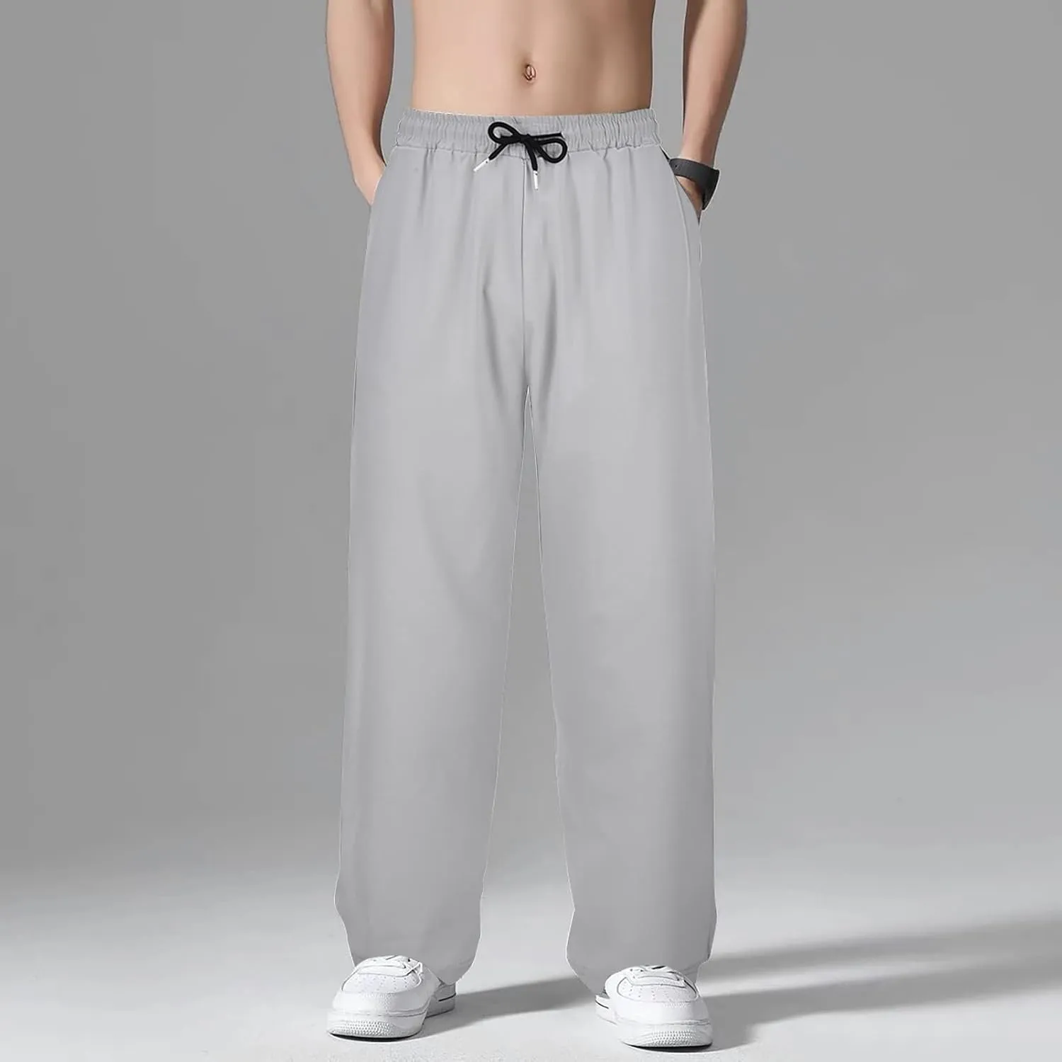 Straight Leg Sweatpants Men Plus Size Pants Drawstring Elastic Waist Trousers Summer Outdoor Lightweight Slacks