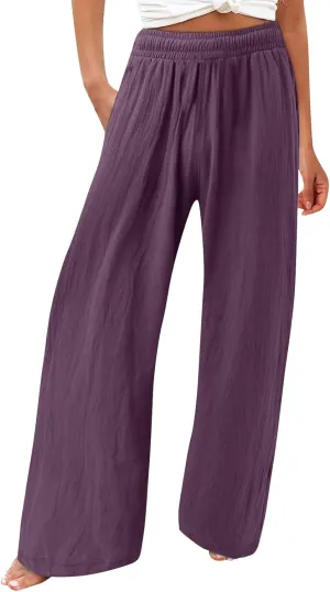 Striped Cotton Linen Cropped Pants Women Womens Wide Leg Linen Palazzo Pants Casual Elastic Waisted Loose Trousers