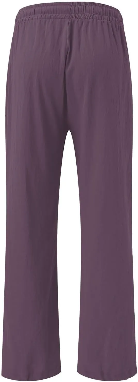Striped Cotton Linen Cropped Pants Women Womens Wide Leg Linen Palazzo Pants Casual Elastic Waisted Loose Trousers