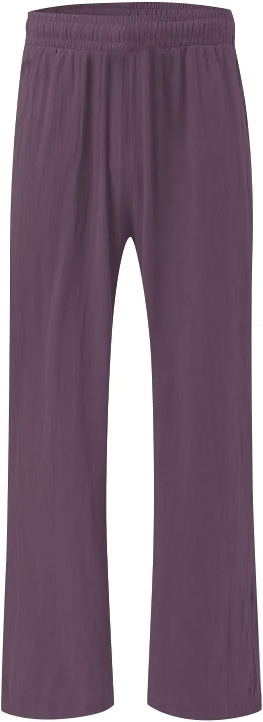 Striped Cotton Linen Cropped Pants Women Womens Wide Leg Linen Palazzo Pants Casual Elastic Waisted Loose Trousers