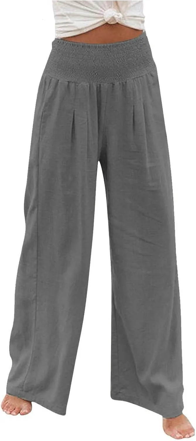 Striped Cotton Linen Cropped Pants Women Womens Wide Leg Linen Palazzo Pants Casual Elastic Waisted Loose Trousers