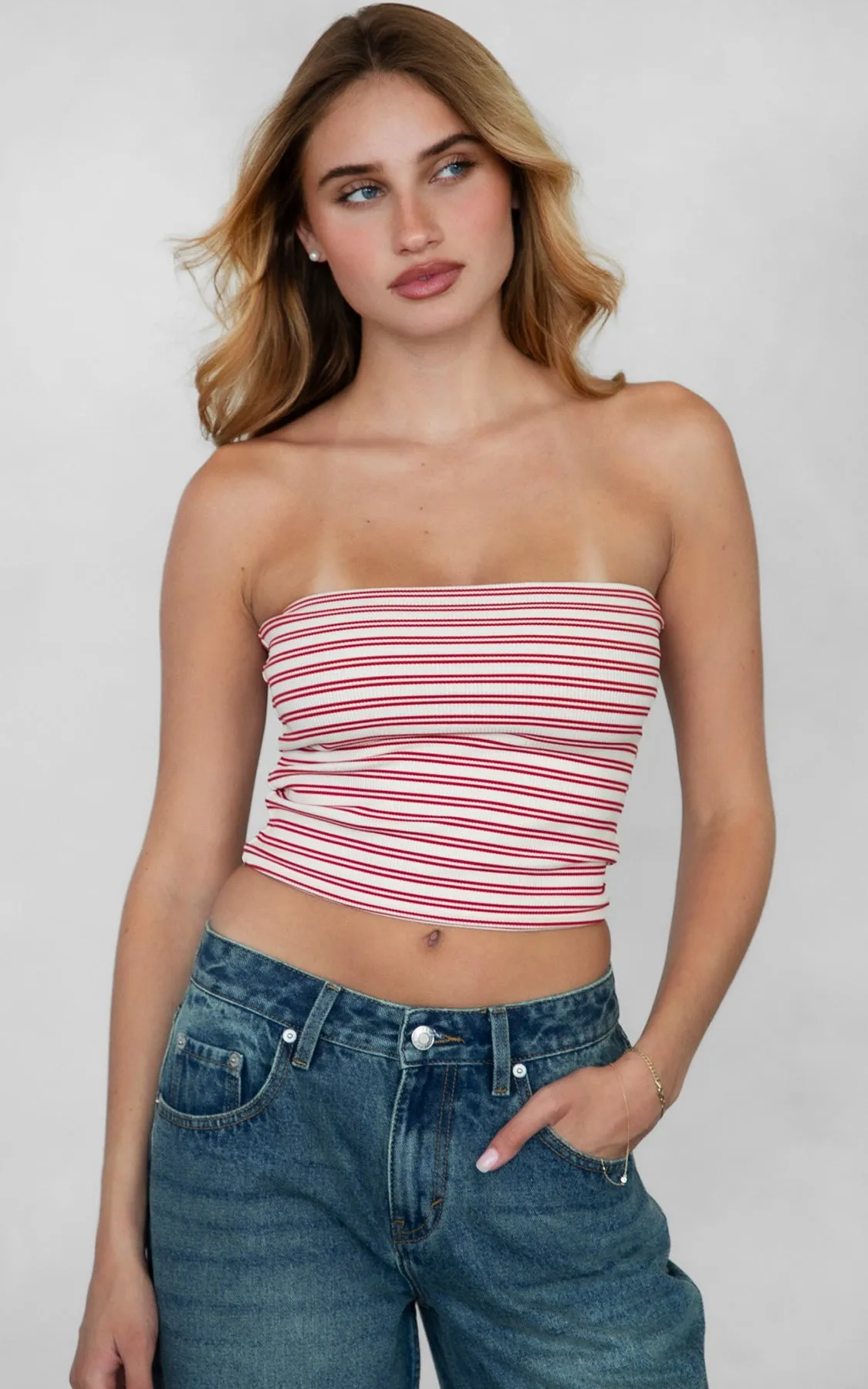 Striped Tube Top Red   White