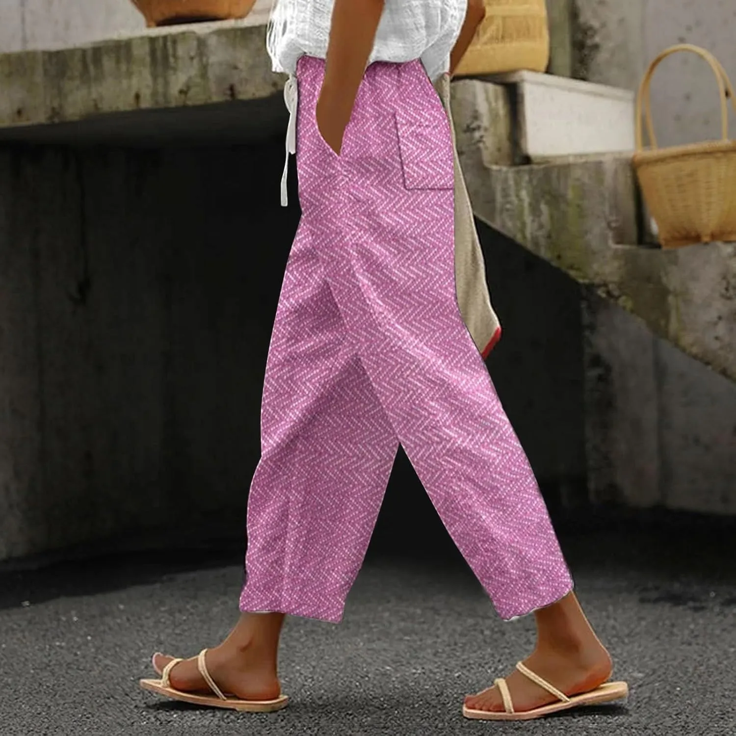 Summer Capri Pants for Women 2024 Flax Elastic Long Pants Beach Leisure Trousers Women's Summer Casual Linen Pants