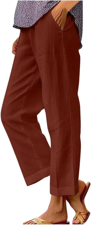 Summer Casual Wide Leg Linen Pants for Women Comfy Cotton Linen Pant Baggy Palazzo Trousers Pocket Boho Beach Outfits