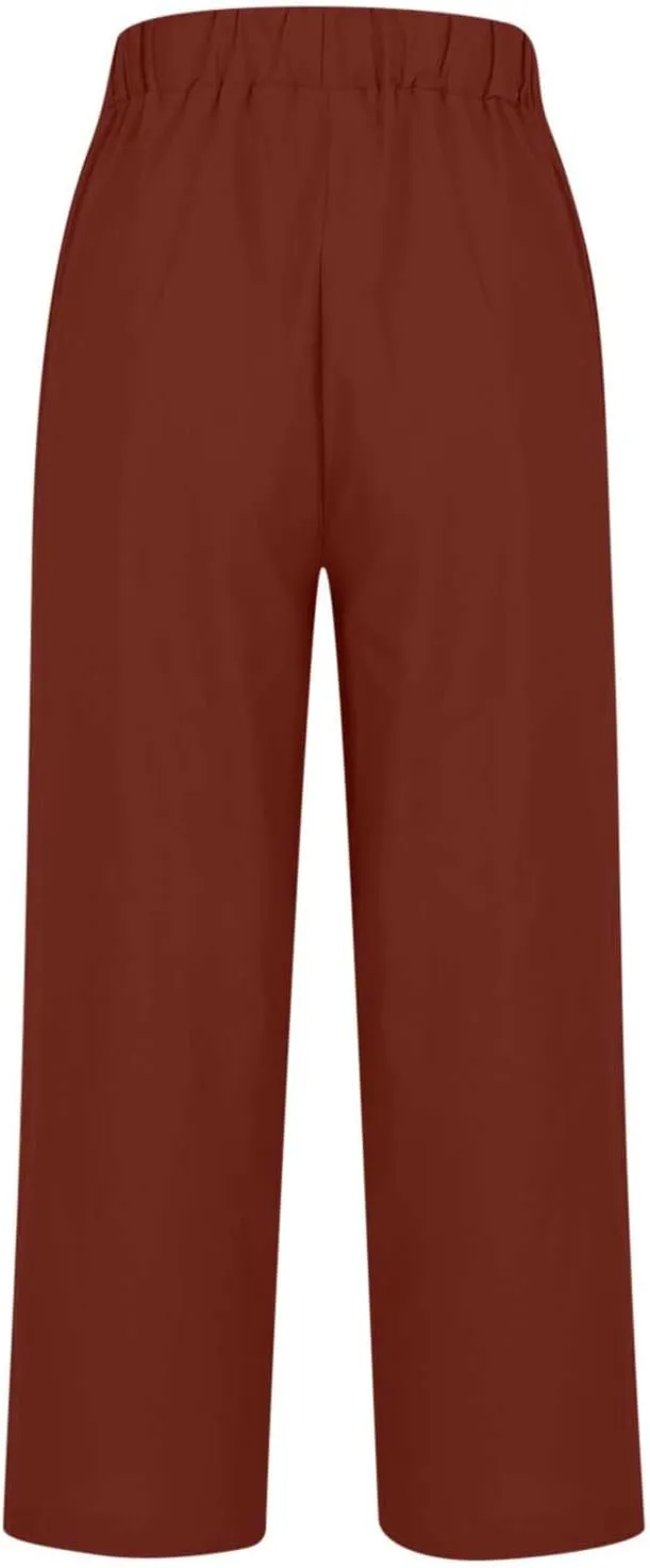 Summer Casual Wide Leg Linen Pants for Women Comfy Cotton Linen Pant Baggy Palazzo Trousers Pocket Boho Beach Outfits