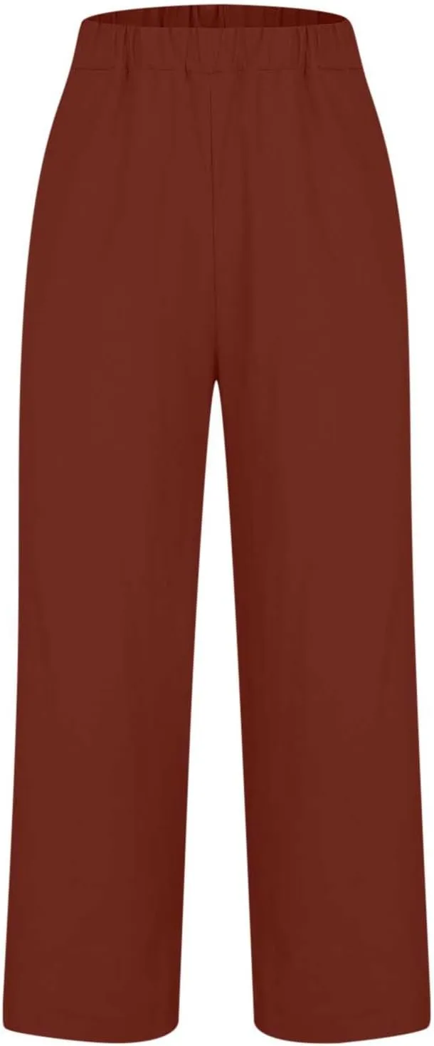 Summer Casual Wide Leg Linen Pants for Women Comfy Cotton Linen Pant Baggy Palazzo Trousers Pocket Boho Beach Outfits