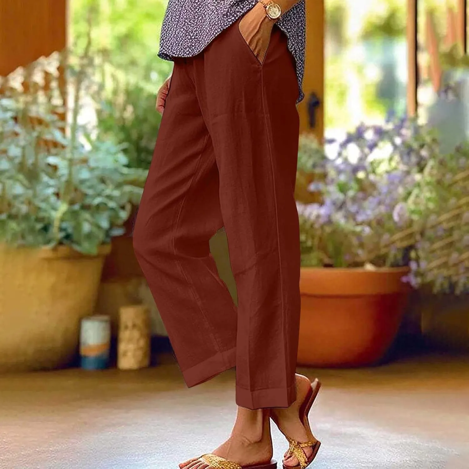 Summer Casual Wide Leg Linen Pants for Women Comfy Cotton Linen Pant Baggy Palazzo Trousers Pocket Boho Beach Outfits