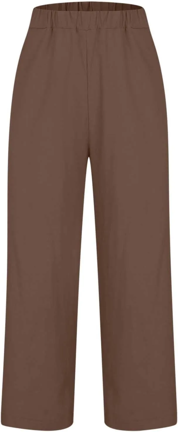 Summer Cotton Linen Pants Women Elastic High Waist Straight Leg Lounge Pants Casual Slacks Crop Trouser with Pockets
