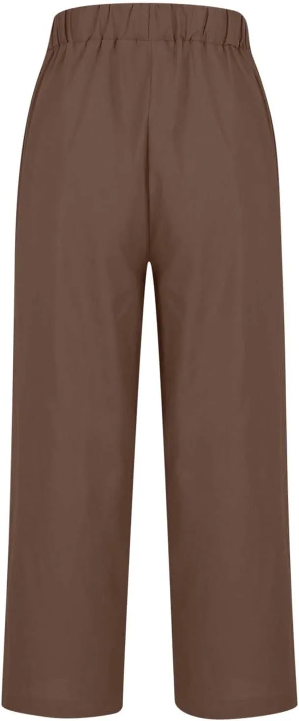 Summer Cotton Linen Pants Women Elastic High Waist Straight Leg Lounge Pants Casual Slacks Crop Trouser with Pockets