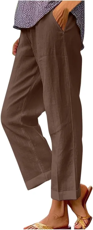 Summer Cotton Linen Pants Women Elastic High Waist Straight Leg Lounge Pants Casual Slacks Crop Trouser with Pockets