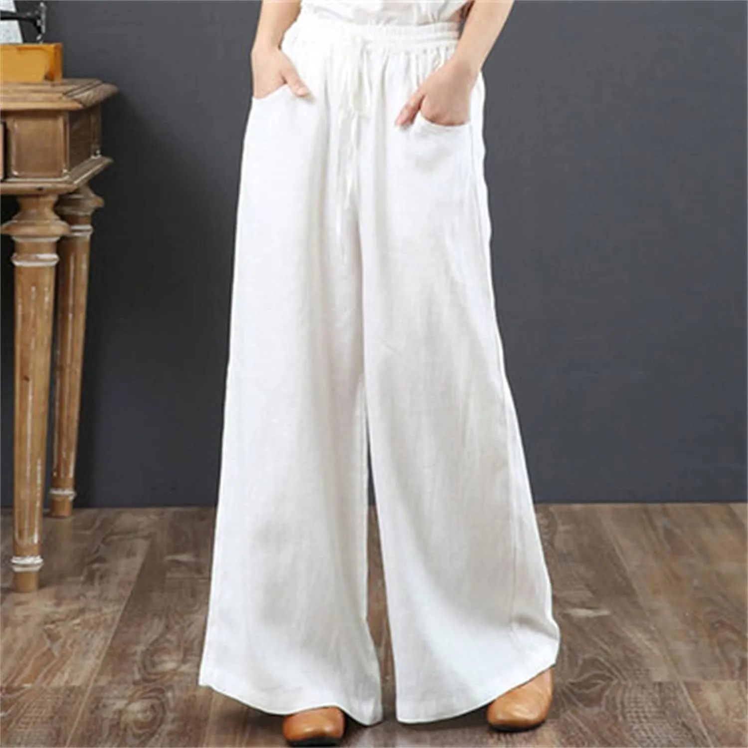 Summer Linen Palazzo Pants for Women Flowy Wide Leg Beach Pants with Pockets High Waisted Loose Baggy Trousers