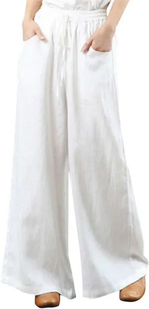 Summer Linen Palazzo Pants for Women Flowy Wide Leg Beach Pants with Pockets High Waisted Loose Baggy Trousers