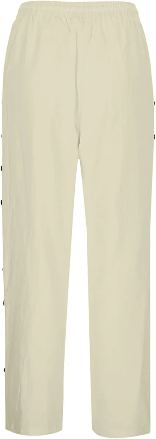 Summer Linen Pants for Women 2025 Trendy Vacation Side Button Elastic Waist Straight Leg Casual Cropped Trousers
