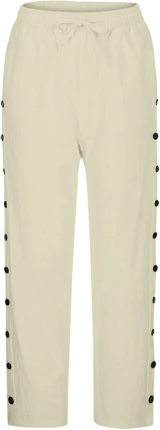 Summer Linen Pants for Women 2025 Trendy Vacation Side Button Elastic Waist Straight Leg Casual Cropped Trousers
