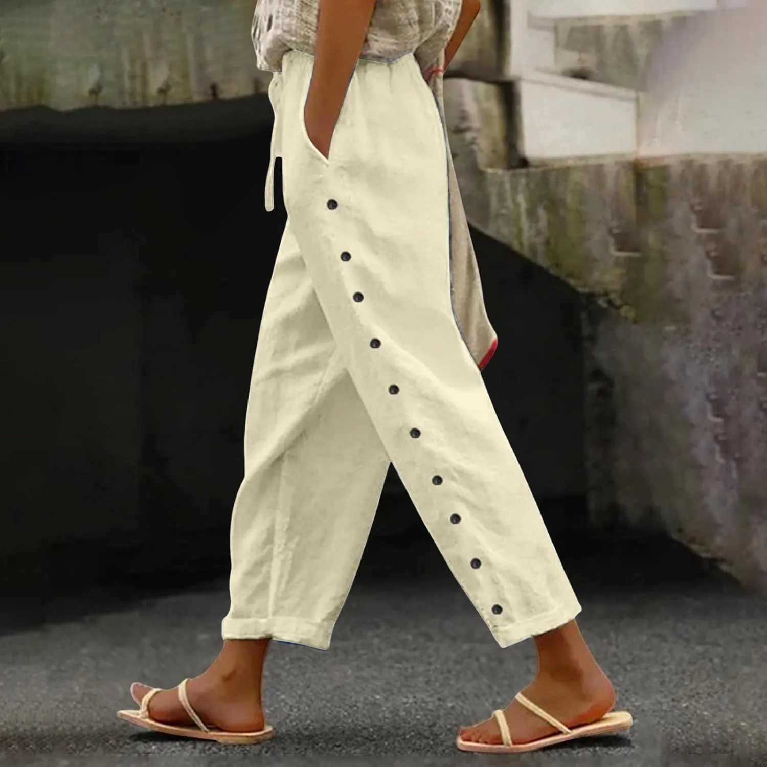 Summer Linen Pants for Women 2025 Trendy Vacation Side Button Elastic Waist Straight Leg Casual Cropped Trousers
