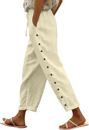 Summer Linen Pants for Women 2025 Trendy Vacation Side Button Elastic Waist Straight Leg Casual Cropped Trousers