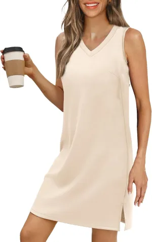 T Shirt Dresses for Women 2025 Summer Casual Mini Dress V-Neck Sleeveless Short Dress Side Split Tank Tshirt Sundress