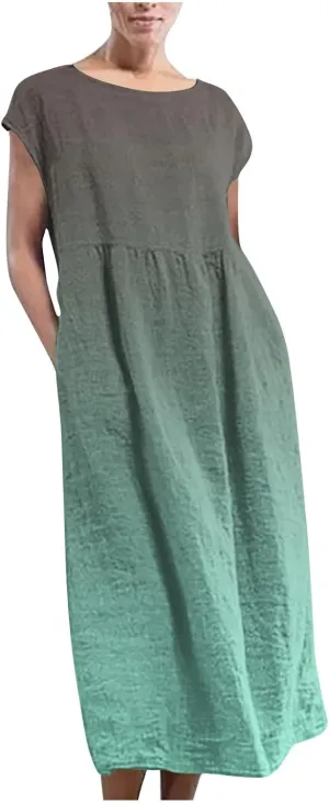 TANGNADE Plus Size Cotton Linen Dresses for Women Short Sleeve Summer Maxi Dress with Pockets Flowy Vacation Dresses