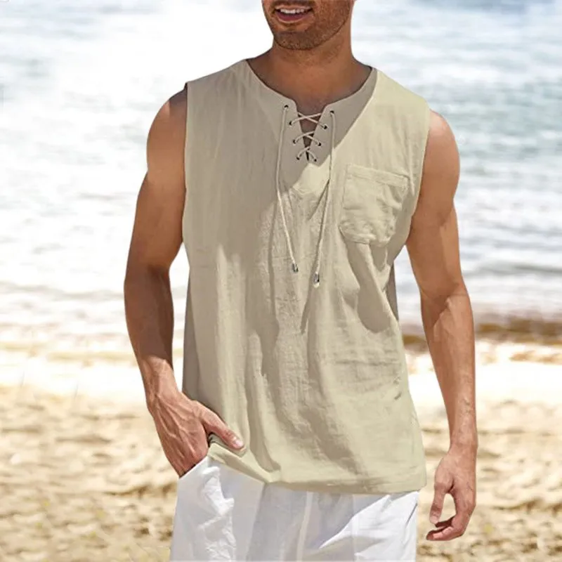Tank Top Shirt Lace-Up Solid Linen Short Sleeve T-Shirt