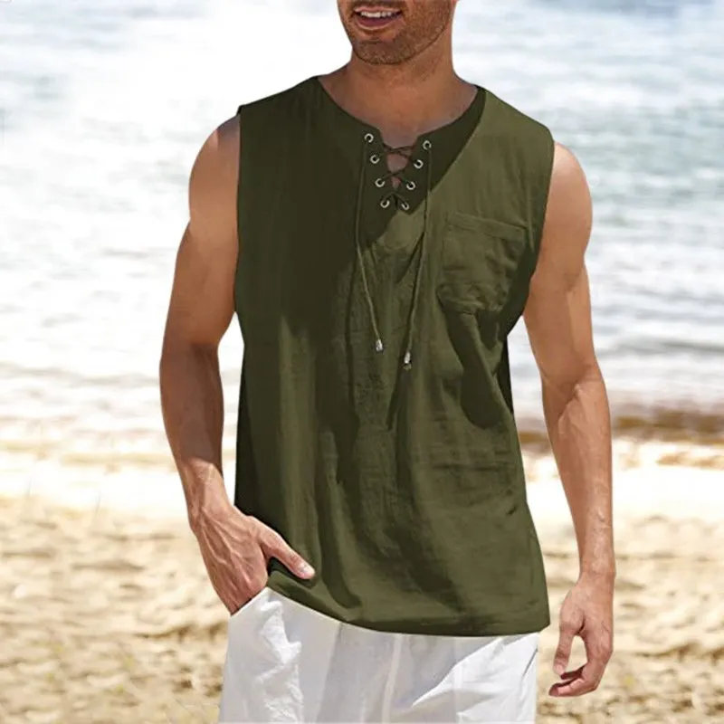 Tank Top Shirt Lace-Up Solid Linen Short Sleeve T-Shirt
