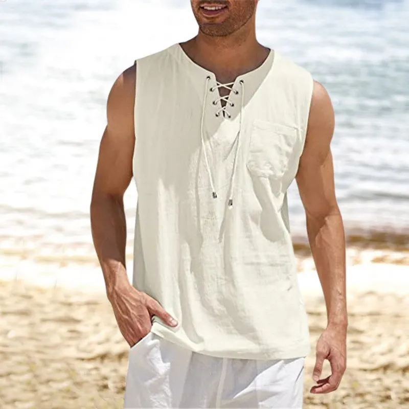 Tank Top Shirt Lace-Up Solid Linen Short Sleeve T-Shirt