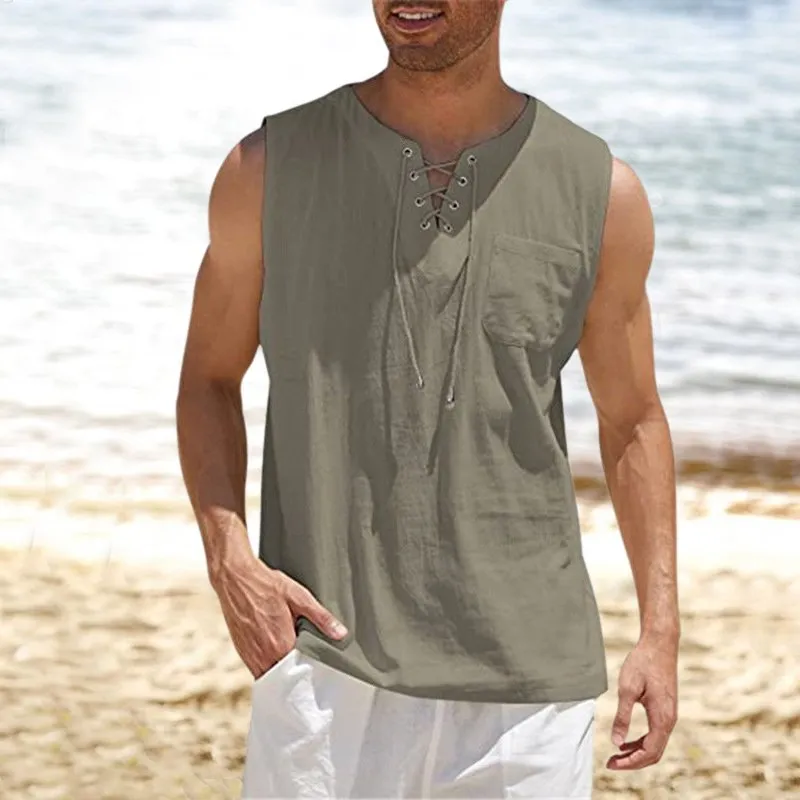 Tank Top Shirt Lace-Up Solid Linen Short Sleeve T-Shirt