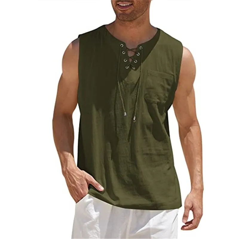 Tank Top Shirt Lace-Up Solid Linen Short Sleeve T-Shirt