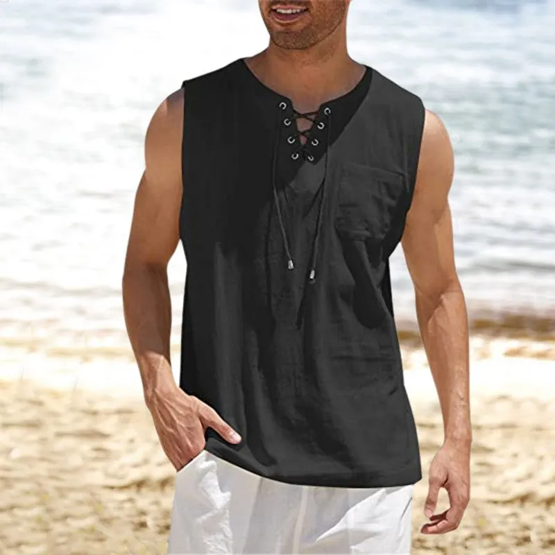 Tank Top Shirt Lace-Up Solid Linen Short Sleeve T-Shirt