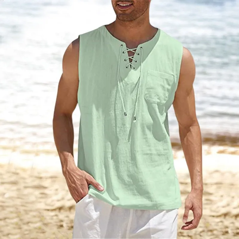 Tank Top Shirt Lace-Up Solid Linen Short Sleeve T-Shirt