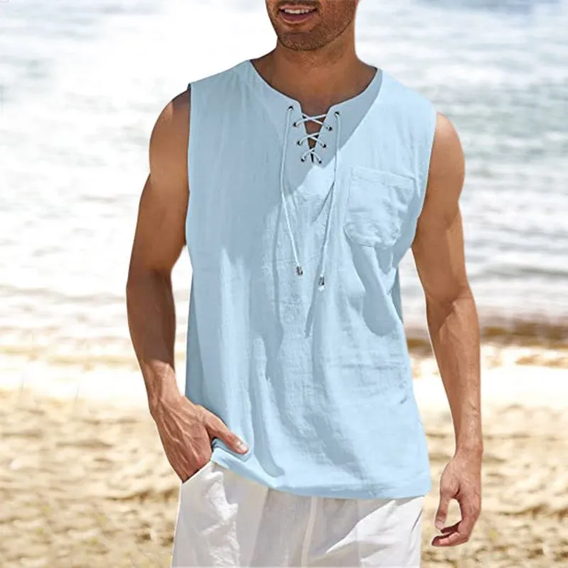 Tank Top Shirt Lace-Up Solid Linen Short Sleeve T-Shirt