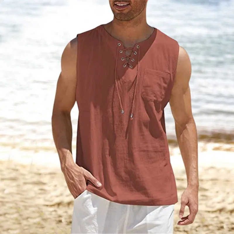 Tank Top Shirt Lace-Up Solid Linen Short Sleeve T-Shirt