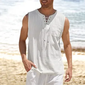 Tank Top Shirt Lace-Up Solid Linen Short Sleeve T-Shirt