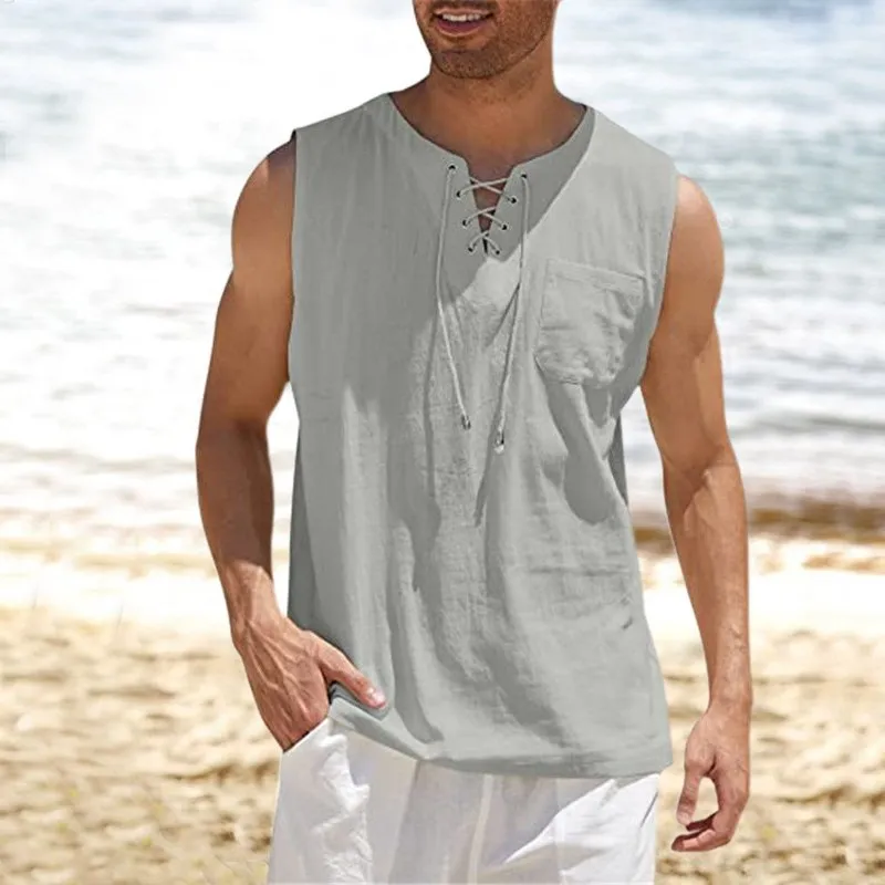 Tank Top Shirt Lace-Up Solid Linen Short Sleeve T-Shirt