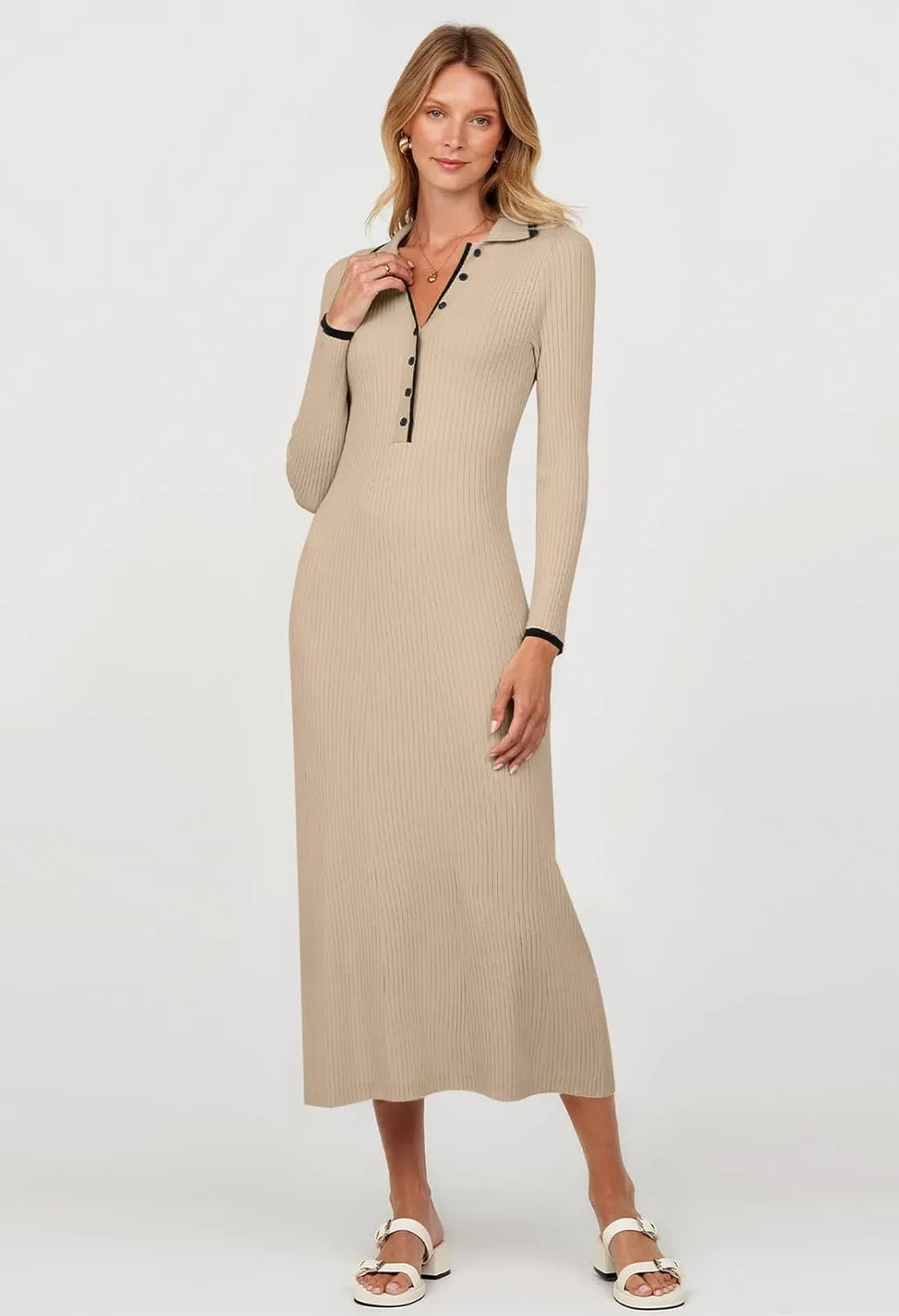 TECREW Women's Long Sleeve V Neck Sweater Maxi Dress Button Bodycon Fitted Fall Ribbed Knit Dresses