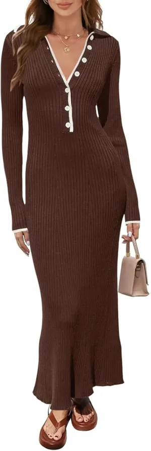 TECREW Women's Long Sleeve V Neck Sweater Maxi Dress Button Bodycon Fitted Fall Ribbed Knit Dresses