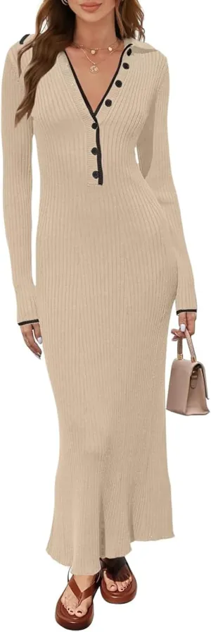 TECREW Women's Long Sleeve V Neck Sweater Maxi Dress Button Bodycon Fitted Fall Ribbed Knit Dresses