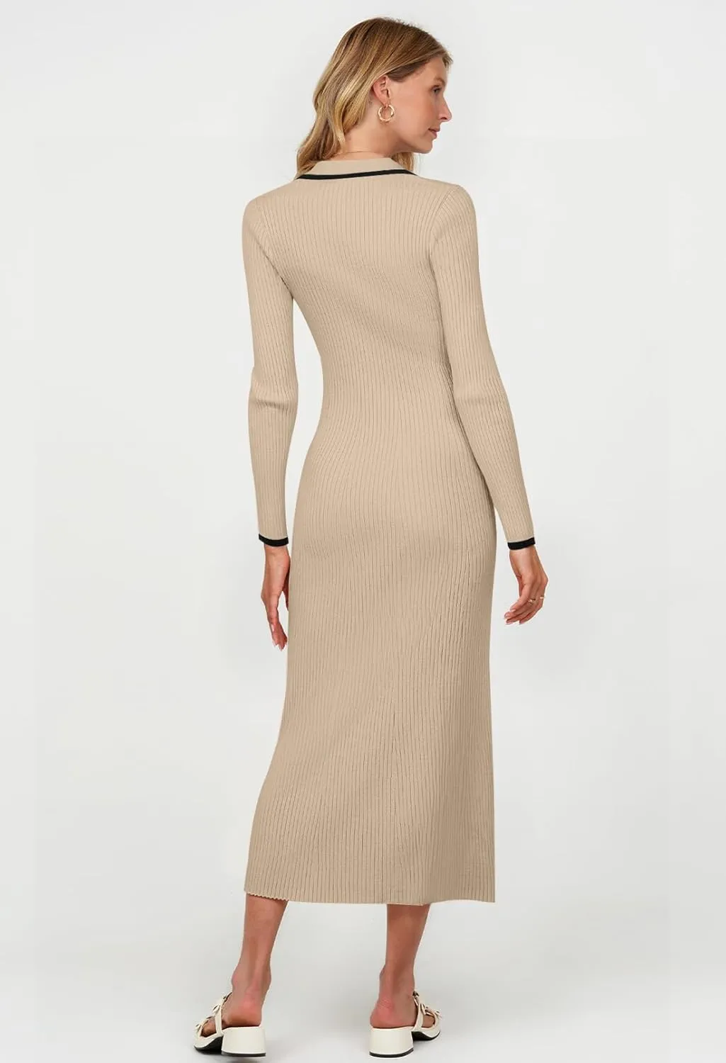 TECREW Women's Long Sleeve V Neck Sweater Maxi Dress Button Bodycon Fitted Fall Ribbed Knit Dresses