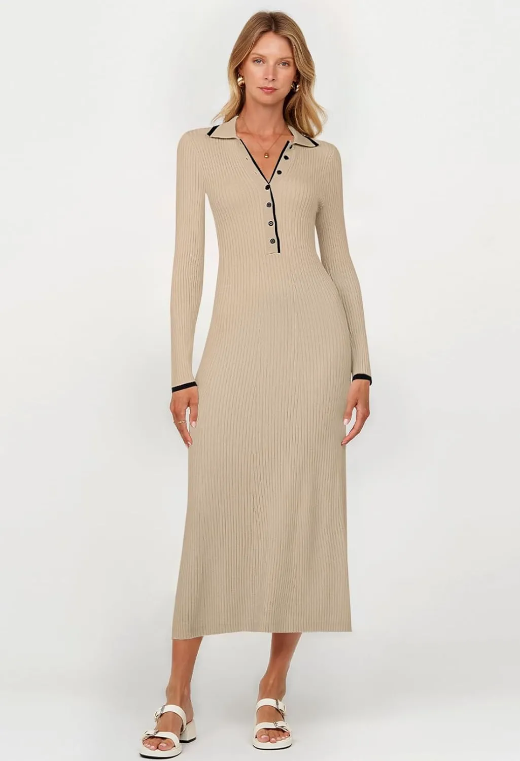 TECREW Women's Long Sleeve V Neck Sweater Maxi Dress Button Bodycon Fitted Fall Ribbed Knit Dresses
