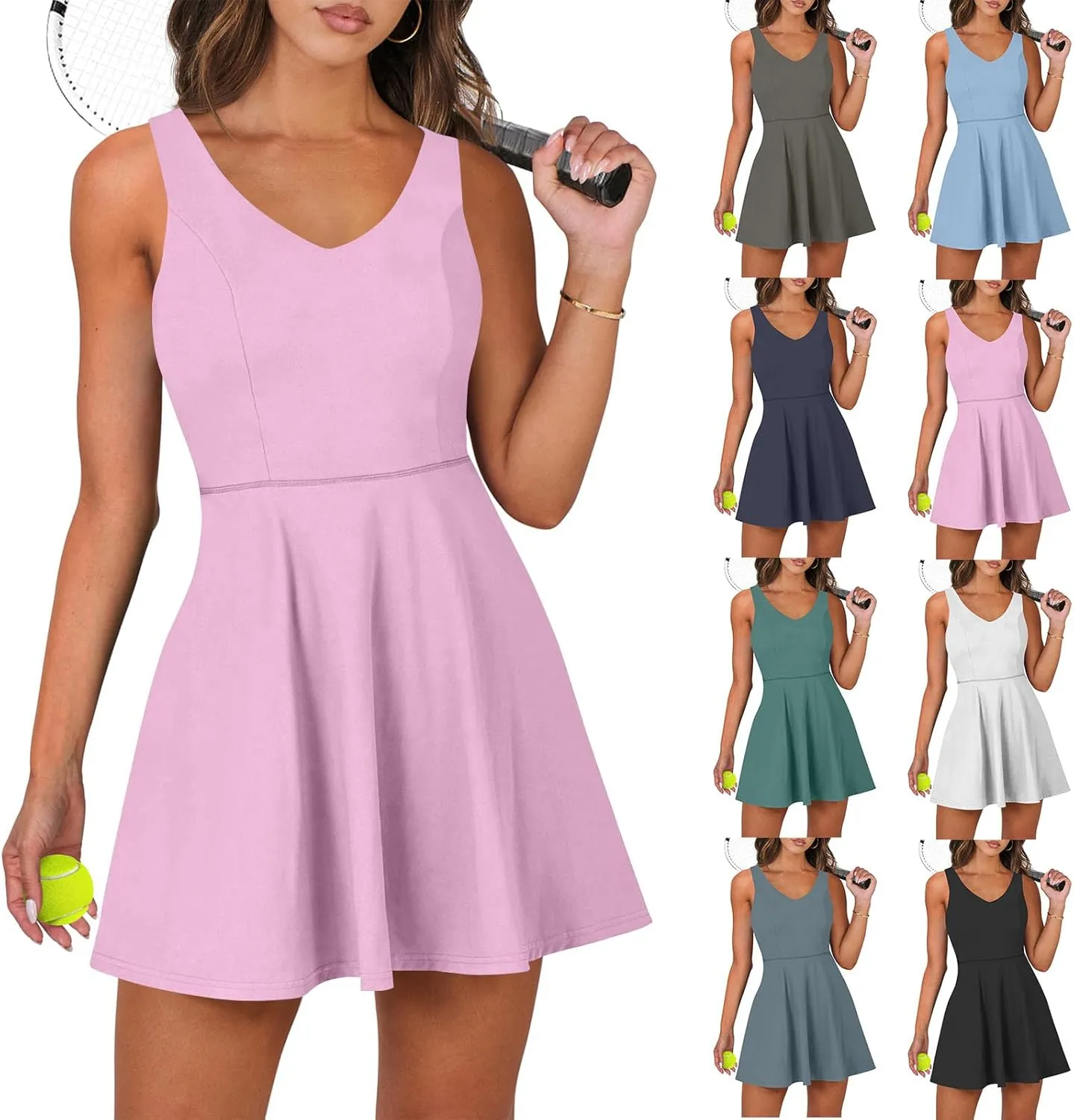 Tennis Dresses for Women with Shorts Cross Open Back V Neck Workout Skort Dress Summer Athleisure Mini Tank Dress
